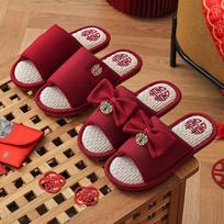 Happy Jade Red Linen Non-Slip Wedding Slippers, Ideal for Summer Indoor Events and Couples. [1 Pair] (Contact Customer Service for Size)