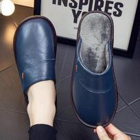 Solid color first layer cowhide autumn and winter male and female couples household warm leather thick bottom non-slip waterproof home cotton slippers 25 fits sizes 35-36