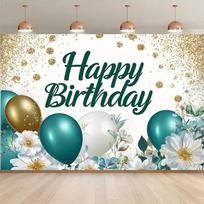 2D Elegant Teal Gold Glitter Floral Happy Birthday Photography Backdrop 47.2x31.5inch/120*80cm