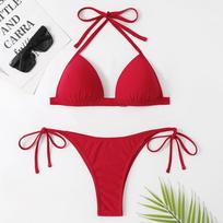 2023 Euro-American Drawstring Strap Gathered Split Swimsuit Bikini Large raudona