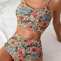 2 Piece Women High Waist Floral Print Bikini Set Scoop Neck Crop Top Tummy Control Sexy Push Up Swimsuit Beach Vacation Bathing Suit S įvairiaspalvis