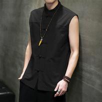 Men's Traditional Chinese Style Sleeveless Vest Linen Blend Frog Button Stand Collar Casual Pockets M