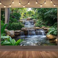2D Jungle Waterfall Backdrop Lush Greenery Photography Background Banner 47.2x31.5inch/120*80cm