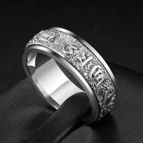 Men's Six-Character Mantra Rotatable Pinky Ring - S925 Silver, Retro, Trendy, Non-Fading, Good Luck Charm Size 26 (Finger Circumference 66mm)