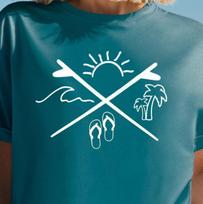 Beach Scene Crossed Surfboards T-shirt | Sunset Palm Wave Flip-Flop Design S
