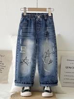 Single-Piece Boys' Retro Wide-Leg Jeans — Versatile, Edgy Style with Star Graffiti Print and Distressed Details (Spring/Summer/Autumn) 4Y vidutiniškai mėlyna spalva