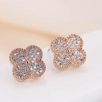 Fashionable Geometric Four-Leaf Clover Rhinestone Earrings rožinio aukso spalvos