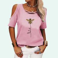 Women Fashion Off Shoulder T-shirt Summer Round Collar Short Sleeve Tee Top Pullover Ladies Casual Bee Print T-shirt S