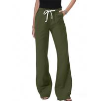 Women's Slant Pocket Elastic Waist Casual Cotton And Linen Trousers L armijos žalia spalva