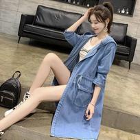 Women Denim Windbreaker Coat Hooded Cardigan Jacket Pockets Washed Y2k High Waist Outerwear 2025 Autumn Streetwear Overcoat XXXXL