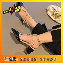2025 spring and autumn half bag head sandals female thick heel fairy wind pointed head rivet high heel French hollow middle heel single shoes 34