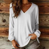 Women's Fashionable Solid Color V Neck Long Sleeved Casual Pullover T-shirt Top L