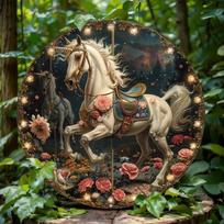 Vintage Aluminum Metal Carousel Horse Sign Whimsical Fairy Room Decor Garden Gift Women Girls Wall Art 20x20 įvairiaspalvis
