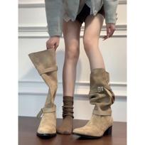High-Top Western Cowboy Boots Women's Folded Leather Long Boots Retro Belt Bule High Heel Faionable Velvet Interior Rubbe... 35