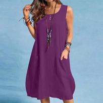 Fashionable Women's Cotton And Linen Loose Pocket Women's Dress M