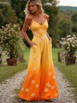 Retro Floral Cotton Linen Strappy Jumpsuit L kviečiai
