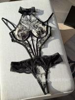 Sexy embroidered underwear steel ring gathers backless onesie removable shoulder strap perspective neck hanging new S