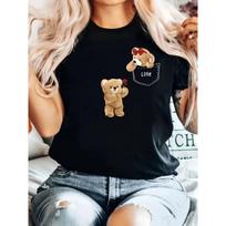 Ladies' Black Cute Teddy Bear LOVE Pattern T-shirt S