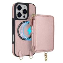 For iPhone 16e/16/15/14/13/12 Pro Max Wallet Case Detachable Crossbody Zipper Purse with Wristlet [Compatible with MagSafe] For iPhone 12 rožinio aukso spalvos