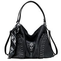 Punk Street Spicy Girl Style Underarm Bag Solid Color Rivet Skull Head Single Shoulder Crossbody Bag (30cm<Max Length<50cm) juoda
