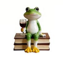 Garden Frog Ornament Small Resin Frog Statue with Red Wine Glass Sitting on Book Desktop Frog Figurine for Living Room Bookshelf Frog