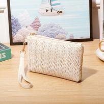 Straw-Woven Wrist Clutch Bags For Women Knitting Zip Mobile Phe Coin Purse Wallet Summer Beach Travel Shopper Purse Wholesale smėlis