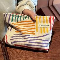 Colorful Flora Random Printed Corduroy Houndstooth Cosmetic Bag Portable Clutch One Pack smėlis