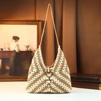 2026 new Bohemian ctrasting woven tote bag, handmade cott thread crochet armpit bag, vacati beach commuting bag chaki