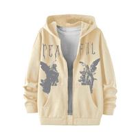 Men's Winter Full Zip Hoodie with Y2K Angel Print Front Pocket Long Sleeve Casual Streetwear Sweatshirt Pullover L smėlis
