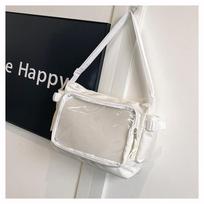 Y2K Transparent Ita Bag Large Capacity Crossbody Bag with Side Pockets Pin Display Casual Shoulder Bag for Women School Travel balta