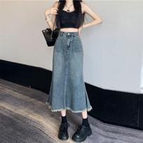 Raw Edge Cowboy Fishtail Skirt Women's Half-body Skirt High Waist A-word Covering Flesh Vintage Package Hip Mid-length Skirt S