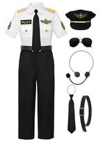 [ReliBeauty] Halloween Costume for Kids Boys and Girls: Pilot Shirt Uniform Outfit, Airplane Costume, Short Sleeve, Hat, Accessories Set, Size 110