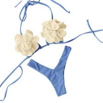 2Pcs/Set Summer Bikini Set Adjustable Drawstring Lace-Up Halter Neck 3D Flower Bra Low-rise Swimming Briefs Set Swimwear XL mėlyna