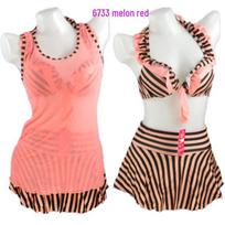 Cicada Butterfly Steel Support Bikini Set with Safety Pants - Three-Piece Ladies Swimwear 6733. Fits: 150-175CM, 90-110Kg meliono raudona spalva