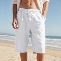 Men's Linen Blend Casual Shorts, Elastic Waist Drawstring Summer Beach Shorts With Pockets S