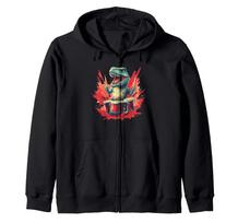 A prehistoric drummer dinosaur for roaring sounds. Zip-up hoodie.
