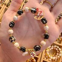 Black & Gold/Silver Foil White Cloisonné Ping An Kou Lucky Charm Ash Glaze Panjiayuan Bead Bracelet