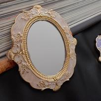 Exquisite Hand Mirror with Glass Surface Enameled Varnished Metal Frame Floral Motif&Palace-Style Relief Portable Tabletop Decor