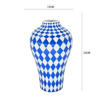 Ceramic Vase Blue Geometric Quilted Pattern Polka Dots Flower Arrangement Accessories Ceramic Crafts Home Decoration