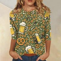 Women Casual Three Quarter Sleeve Oktoberfest Print Crew Neck Top Lightweight Comfortable Fit Soft Fabric L armijos žalia spalva