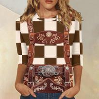 Women's Casual Three Quarter Sleeve Oktoberfest Print Pullover Top Round Neck Patterned Shirt for Seasonal Wear L smėlis