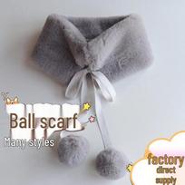 Plush Faux Mink Fur Neck Warmer with Pom-Poms - Thick, Warm Ancient Costume Scarf 50cm pilka