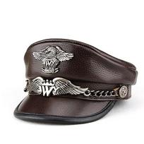 Men's Genuine Leather Flat Top German Captain Hat - Spring & Autumn Retro Punk Motorcycle Style L Adjustable (55-57CM)