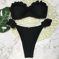 Women's Swimsuit Solid Hard Pack Lace Sexy Bikini Tie Back Brazilian Beachwear Bathing Suits S juoda