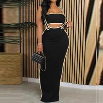 Bendras kombinezonas moterims Vasarinė seksuali Bodycon Tube Crop and Slit Maxi Suspender džemperis Dviejų dalių suknelė L