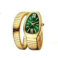 MISS FOX - Women's Fashion Personalized Snake Head Bracelet Stainless Steel Diamond Set Snake Shaped Watch for Women auksas/žalia