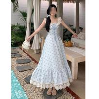 Gentle wind waist doll collar super fairy floral dress for women with blue cardigan shawl two-piece suit to wear S- (can be worn within 45kg)
