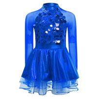 Girls Metallic Tutu Dress Sheer Mesh Long Sleeve Keyhole Back Sparkling Sequins Performance Outfit 5-6 Years