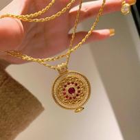 Vintage New In Full Diamond Ruby Hollow Out Rose Flower Round Necklace Exquisite Court Style Collar Chain Wedding Jewelry 45cm