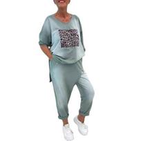 2 Pcs/Set Women Top Pants Set Round Neck Leopard Print Long Sleeves Slit Hem Sweatshirt Elastic Waist Sweatpants Sport Outfit Autumn Casual Tracksuit M pilka